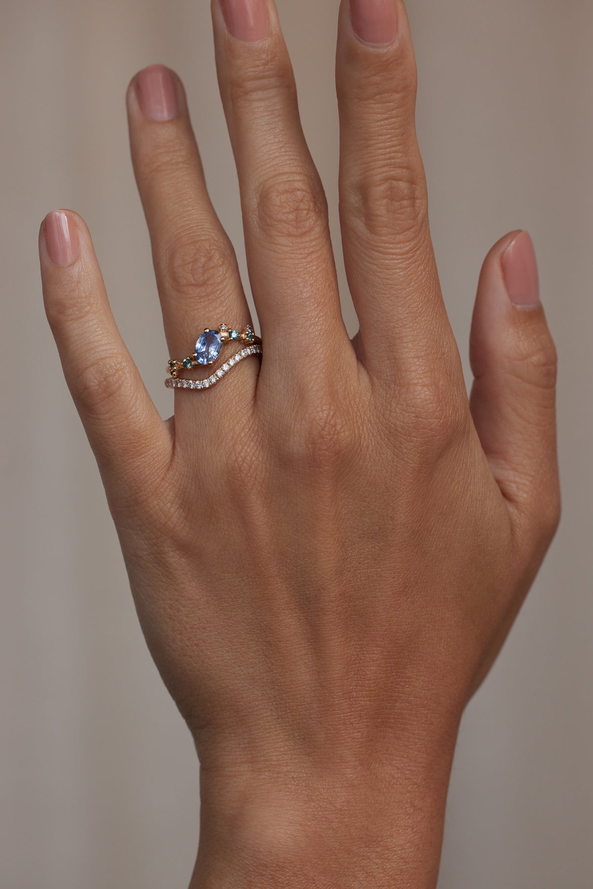 Oval Cut Sapphire and Tourmaline Organic Crossover Ring