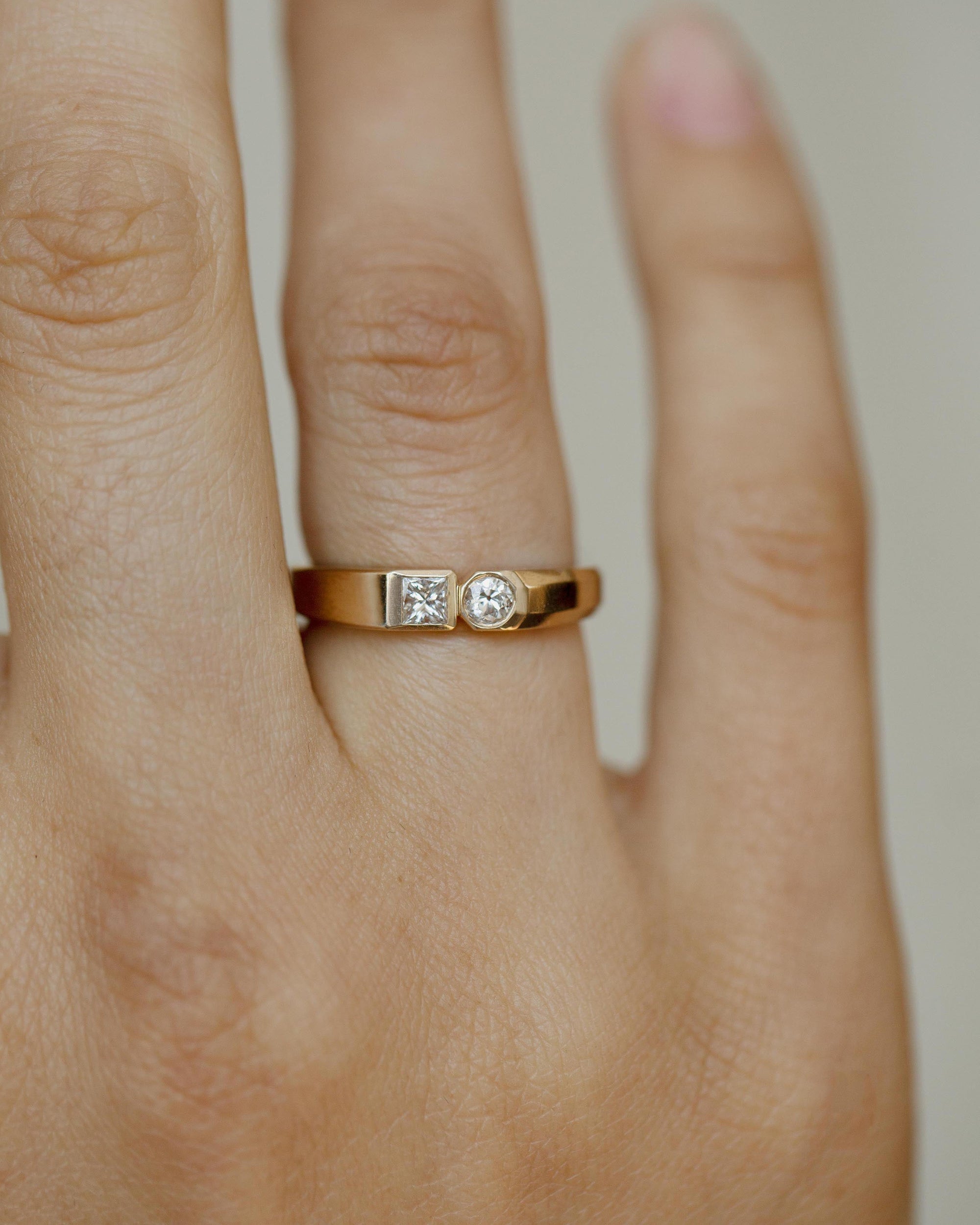 Round and Princess Cut Diamond Dyad Signet Ring
